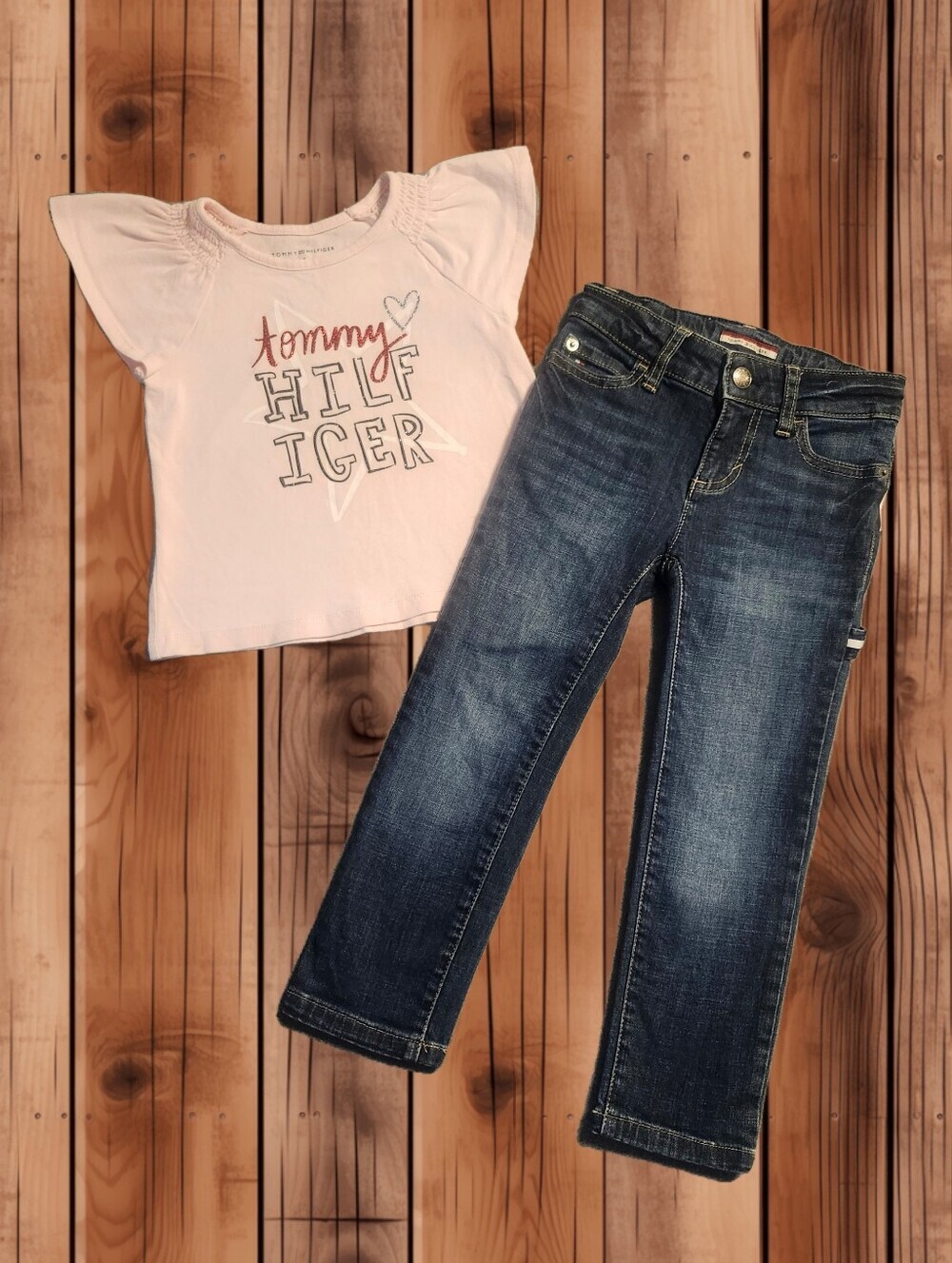 🔥5/$25🔥Tommy Hilfiger Girls Pink Flutter Sleeve Top & Dark Wash Jeans 4T